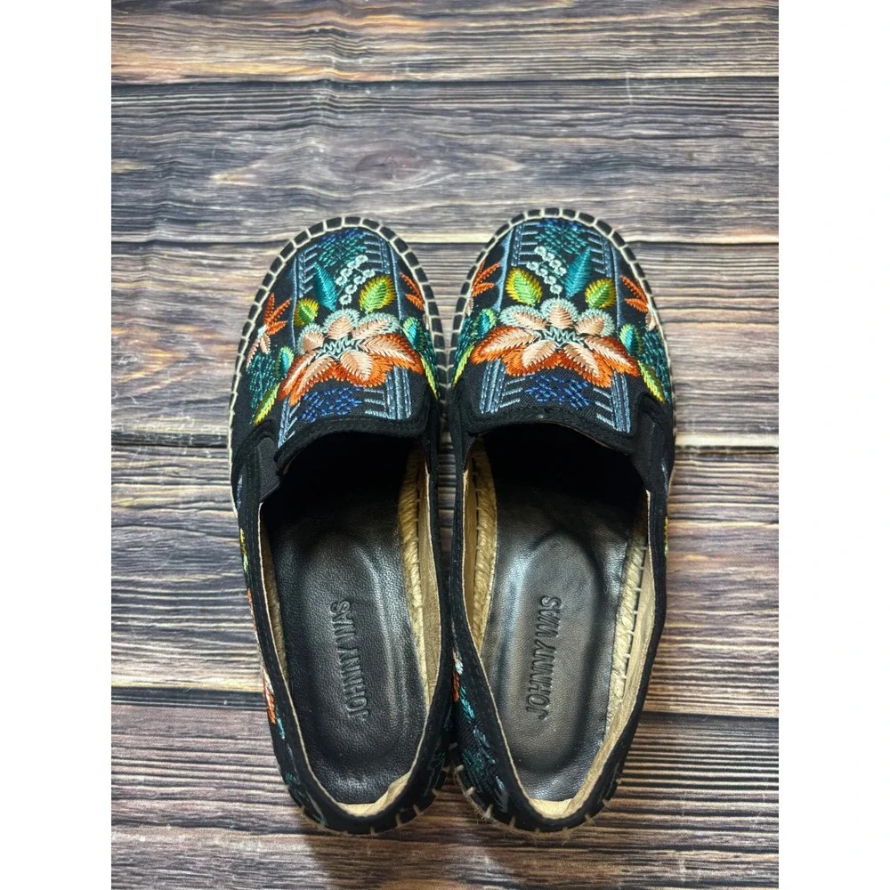 Johnny Was Espadrille Flats Womens EU 41 Black Embroidered Floral Canvas Slip On